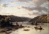 Bank Canvas Paintings - A Rhenish River Landscape With Fishermen In A Boat And Washerwomen On A Bank